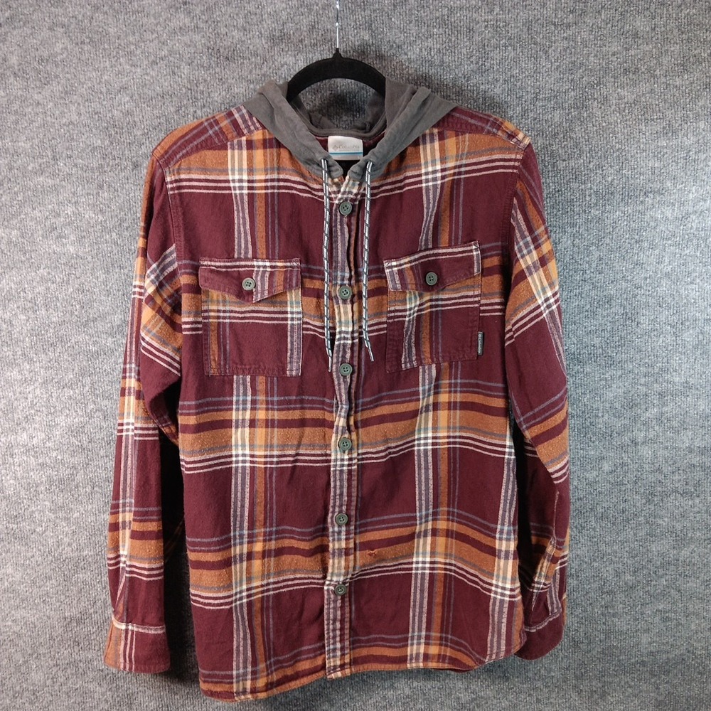 Columbia Plaid Hooded Flannel Shirt Red Brown Outdoor Button Up Hiking Men’s L